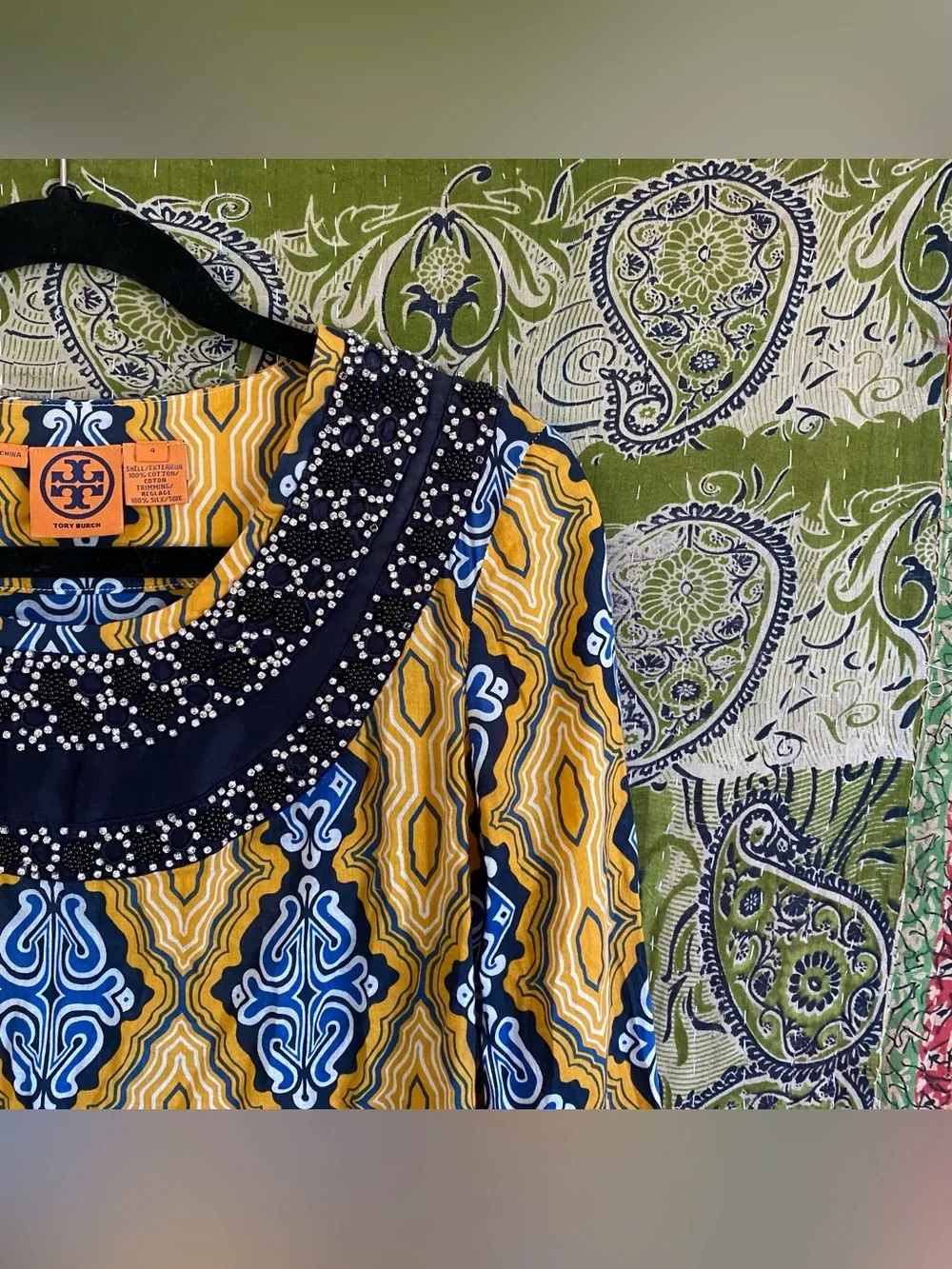 Tory Burch Odie Yellow/ Blue/ White Embellished Tunic Blouse Medium Resort Wear